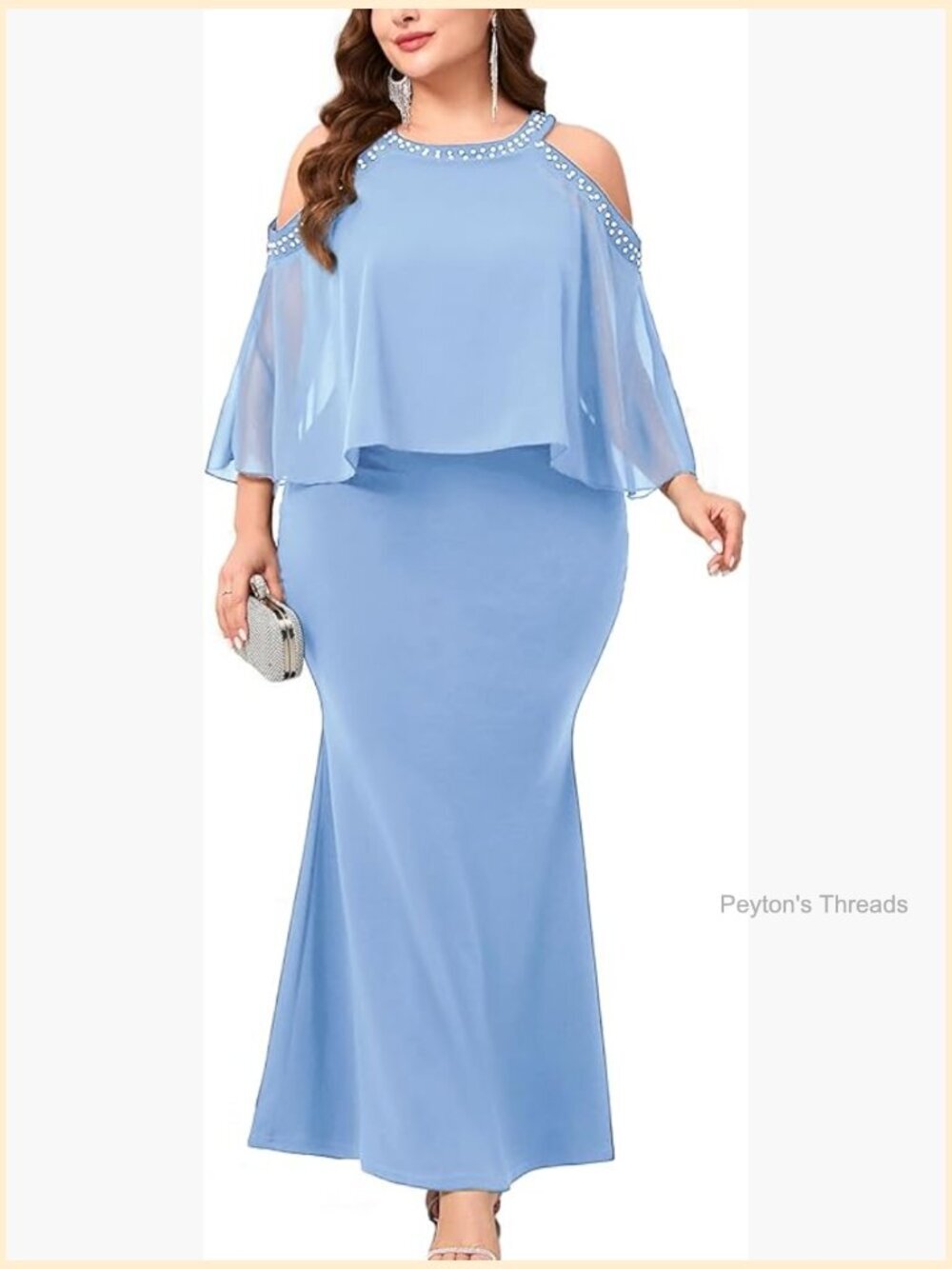 Plus Size Cold Shoulder Mermaid Evening Dress Beaded Neckline Chiffon Overlay